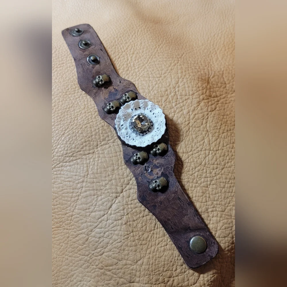 Leather & Lace Cuff Bracelet With Skulls & Crystal Rhinestones Handmade - Picture 2 of 12